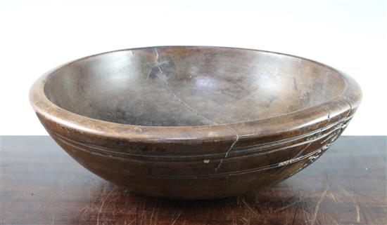 A 19th century turned fruitwood bowl, 14.25in.